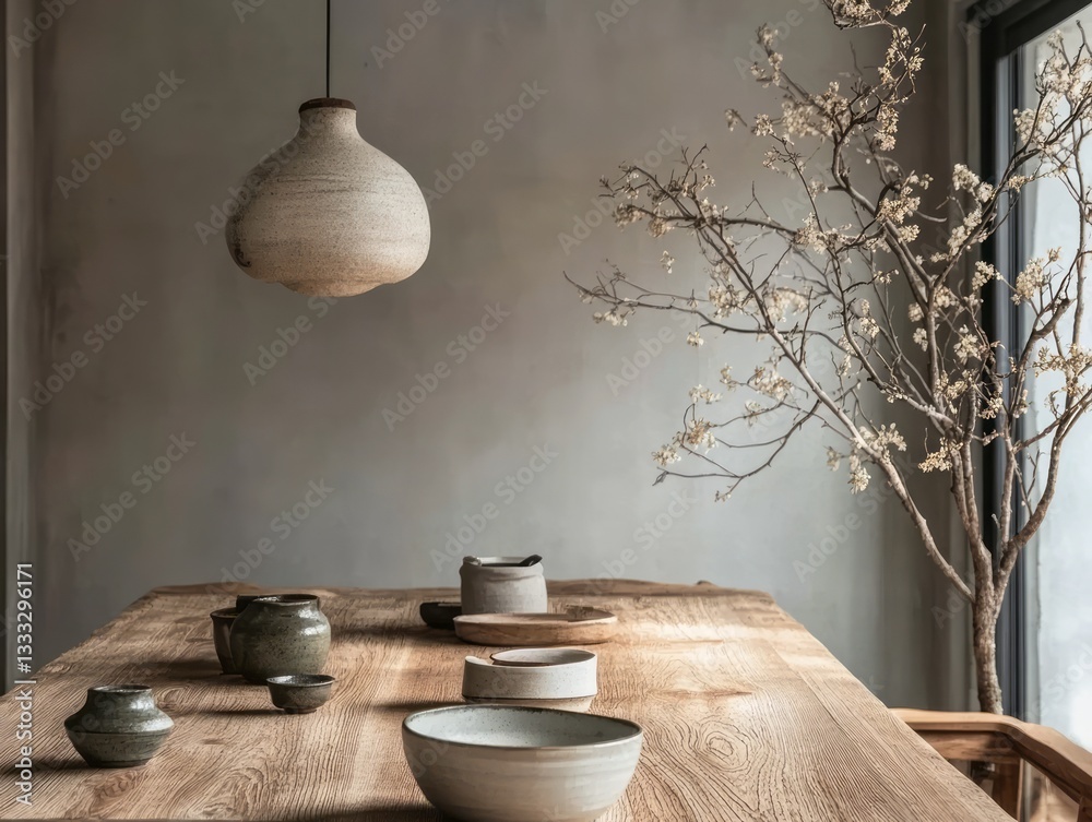 An interior setting featuring a dining table with ceramic items and branches