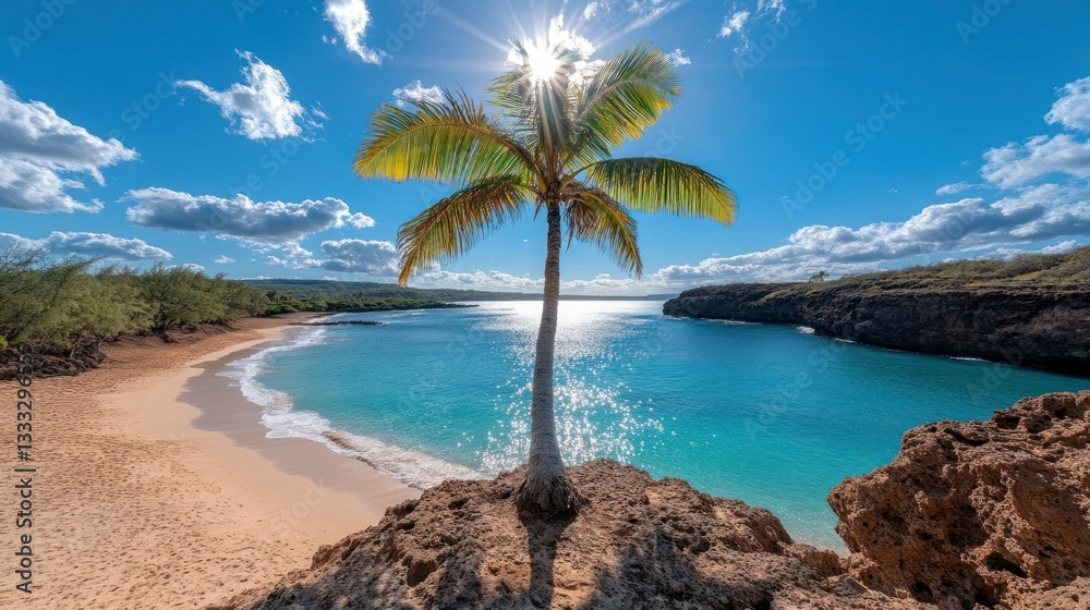 Tropical Beach Cove with Palm Tree and Sunny Sky Tropical Beach Cove with Palm Tree and Sunny Sky