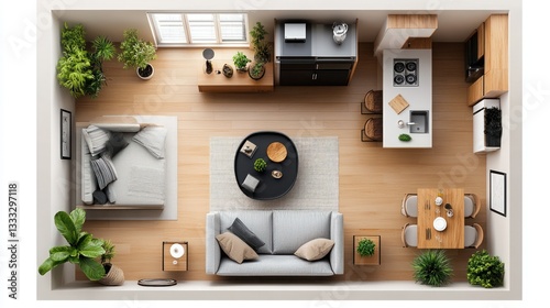 Small studio apartment floor plan with bedroom, living, and kitchen areas