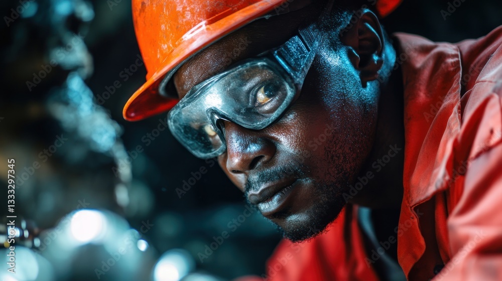Focused worker inspecting machinery with safety gear in industrial setting Focused worker inspecting machinery with safety gear in industrial setting