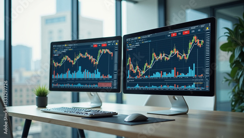 Modern workspace featuring dual monitors displaying stock market trends, sleek design, bright natural light, ideal for productivity. photo