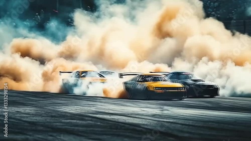 The NASCAR cars roared down the track, engines revving and tires screeching, as clouds of smoke billowed from the exhausts, creating a thrilling spectacle of speed and power that electrified the crowd