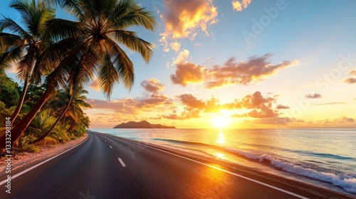 Tropical Sunset Road Trip Along Ocean Coast