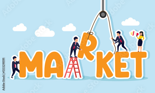 Businesspeople collaborate to arrange text spelling MARKET, illustration of collaboration and teamwork in business to build a strong market