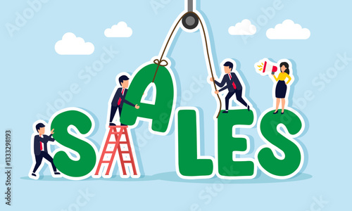 Businesspeople collaborate to arrange text spelling SALES, illustration of collaboration and teamwork in boosting company sales targets