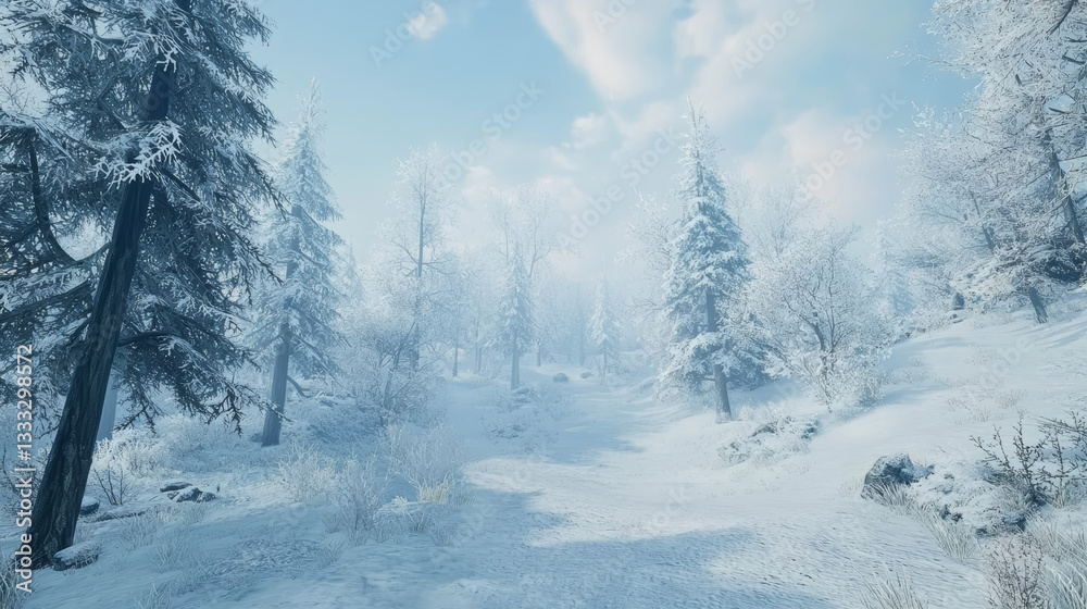 Foggy Winter Path Through Snowy Trees Foggy Winter Path Through Snowy Trees