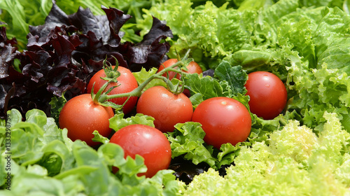 Ripe red tomatoes nestled amongst vibrant green lettuce leaves