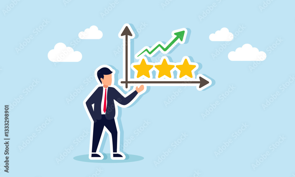 Businessman showing a rising chart from a series of three stars, illustration of improving business performance and product quality Businessman showing a rising chart from a series of three stars, illustration of improving business performance and product quality