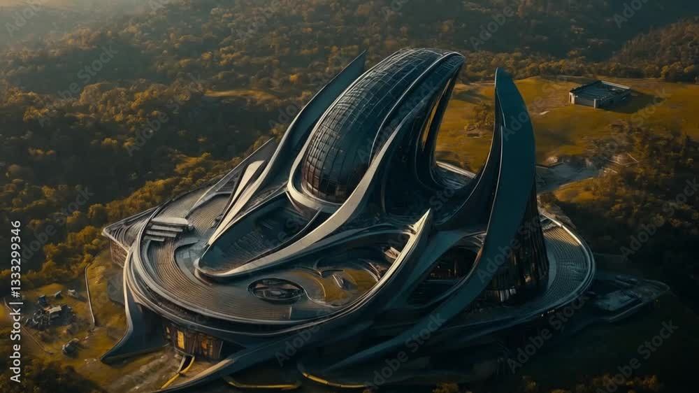 The futuristic building soared into the sky, its sleek lines and innovative design reflecting a blend of technology and artistry, while solar panels and greenery adorned its surfaces, showcasing a com