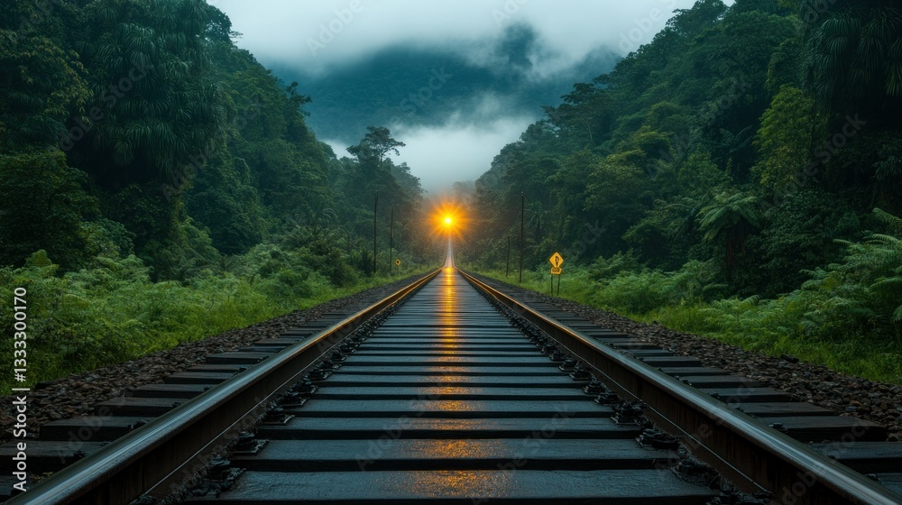 Fototapeta premium Tranquil railway track through misty rainforest