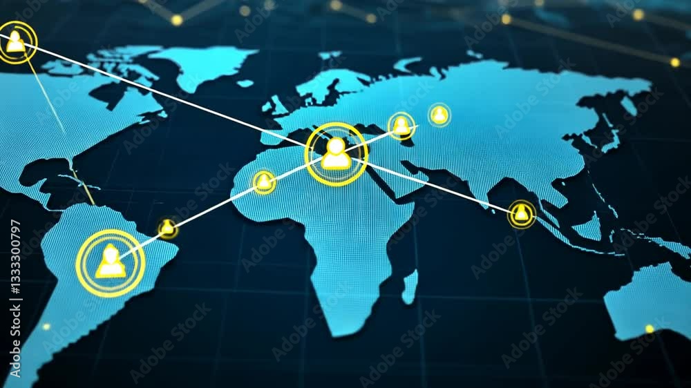 Global network connections on a digital world map with data transmission background