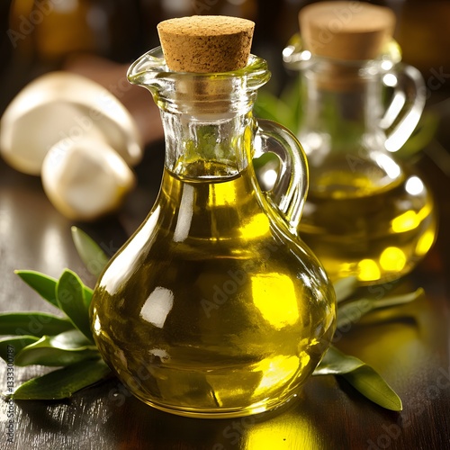 Golden Olive Oil in Glass Bottles with Leaves