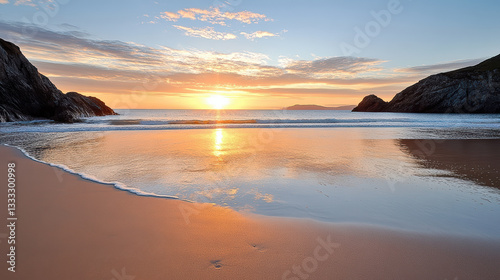 serene sunset over tranquil beach, reflecting golden hues on water