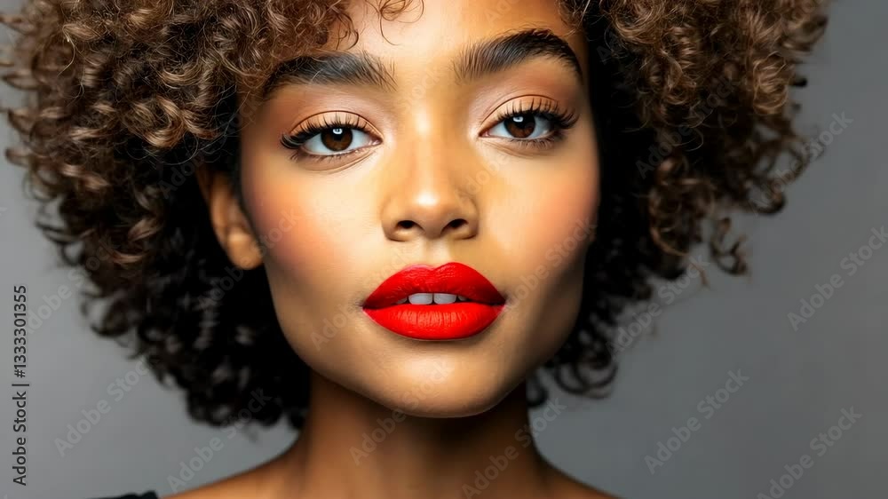 Stylish portrait of a woman with curly hair and bright red lipstick against a neutral background Stylish portrait of a woman with curly hair and bright red lipstick against a neutral background