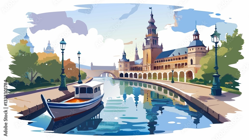 Fototapeta premium Take a leisurely boat ride on the canal that winds through the heart of Plaza de España, enjoying the tranquil atmosphere and beautiful surroundings.