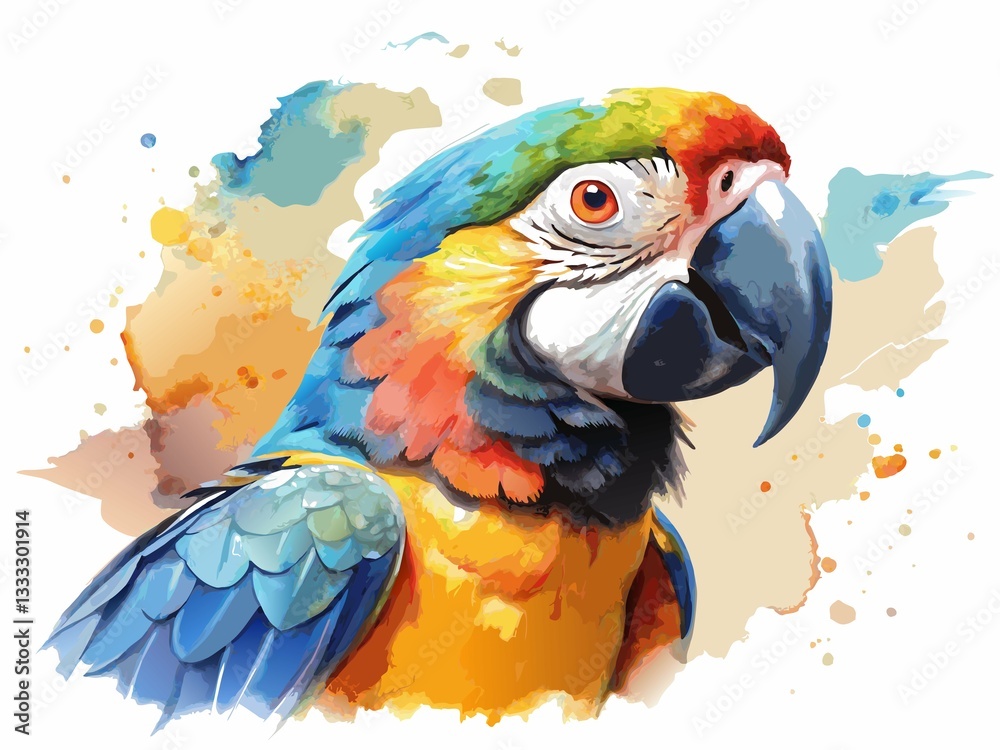 Fototapeta premium Realistic watercolor parrot, detailed anatomy, natural colors, lifelike depiction in a natural habitat.