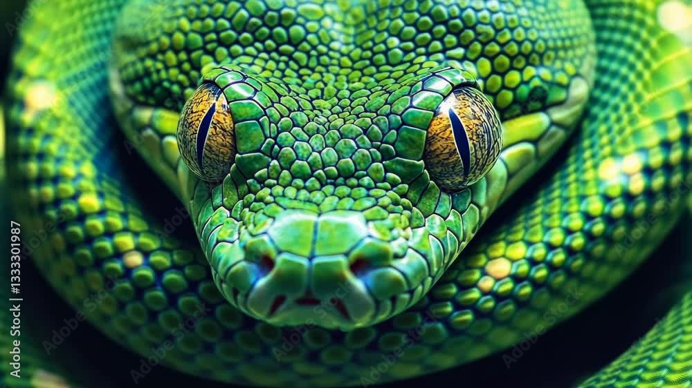 Green snake resting under natural light with stunning scales and captivating eyes in vibrant surroundings Green snake resting under natural light with stunning scales and captivating eyes in vibrant surroundings