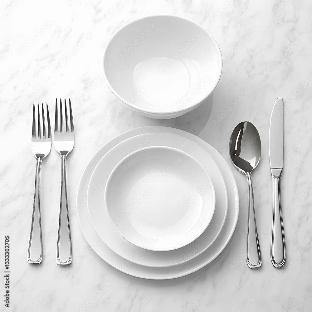 Elegant White Dinnerware Set with Silverware on Marble Tabletop Elegant White Dinnerware Set with Silverware on Marble Tabletop