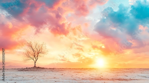 Sunset over parched soil eco nature scene dramatic landscape environmental awareness
