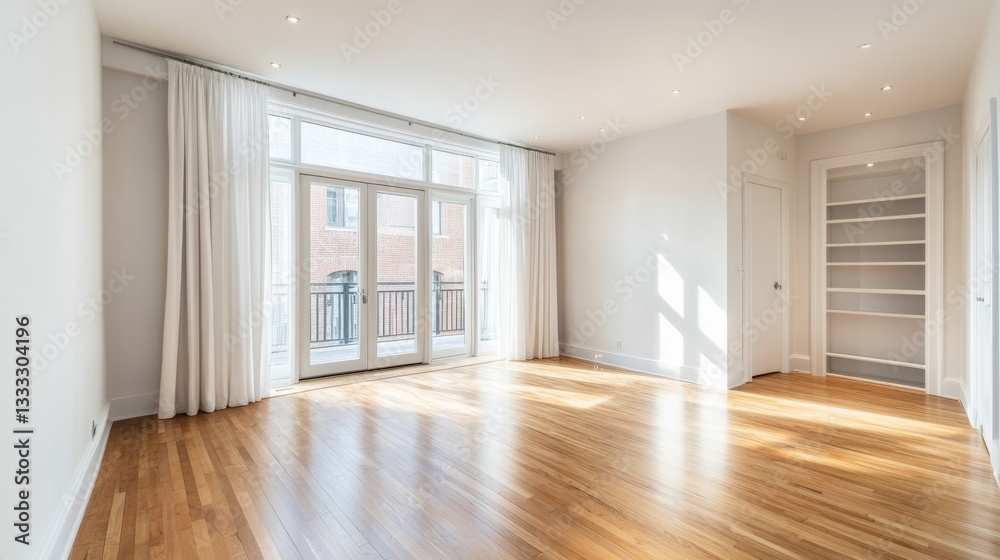 Obraz premium 95.Empty interior of a contemporary living space with a large bright window allowing abundant natural light, airy white curtains, clean white walls, a closed door, and a seamless hardwood floor for a