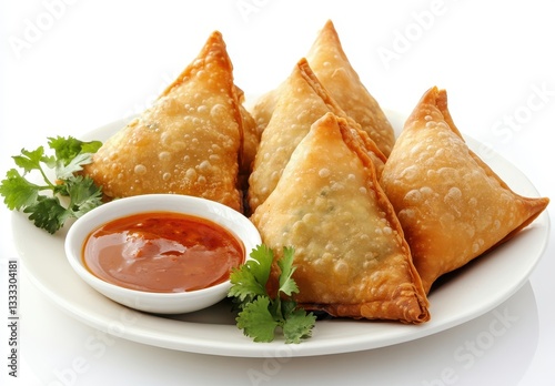 Deliciously Crispy Samosas Served with Tangy Dipping Sauce on White Plate with Fresh Coriander Garnish