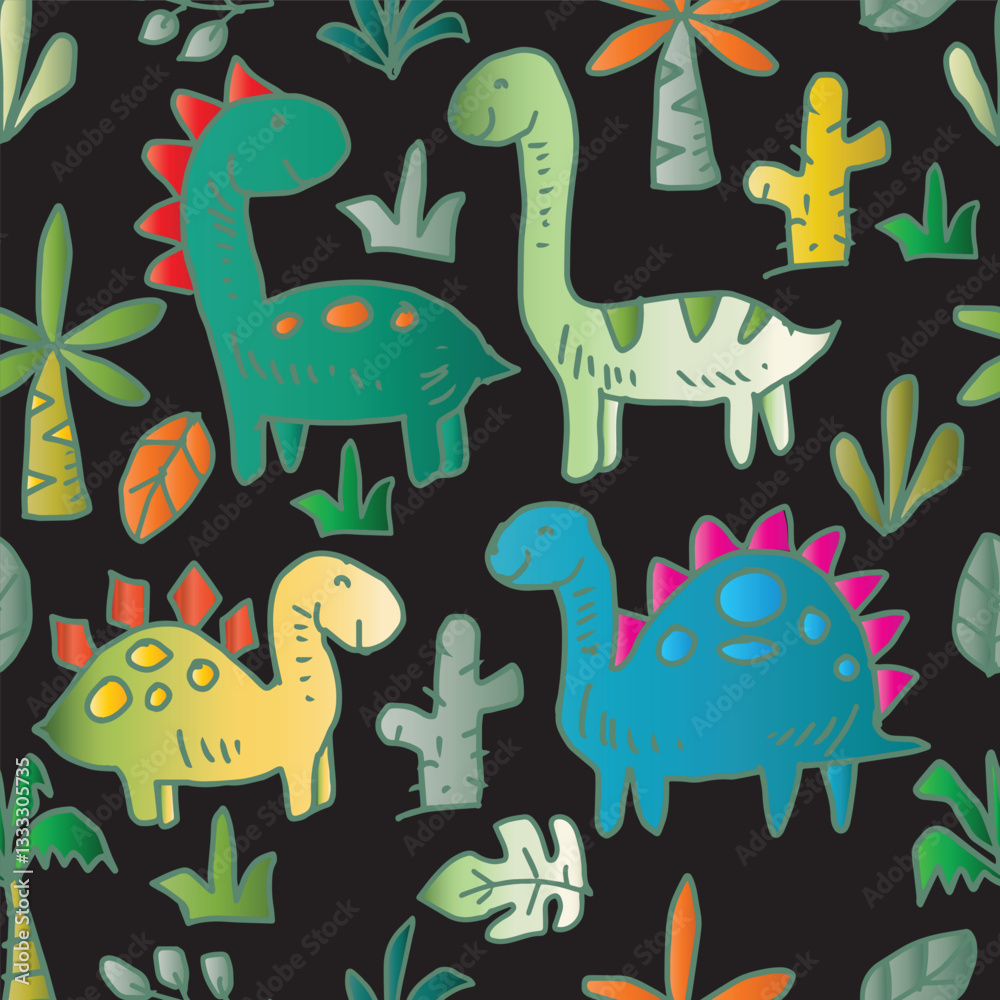 Fototapeta premium Doodle dinosaurs seamless pattern. Cute hand drawn vector illustration.