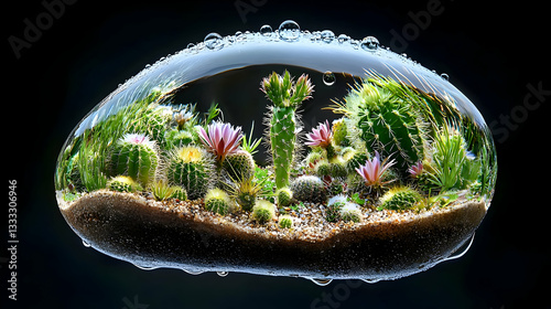 Close Up of a Tiny Raindrop Balancing on a Single Cactus amidst a Lush Microecosystem photo