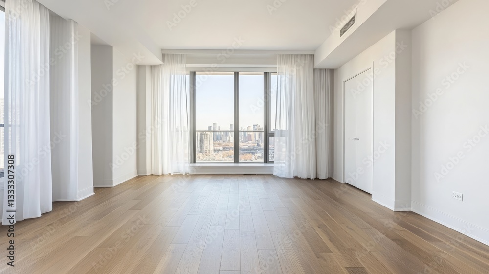 Obraz premium 92.Bright and spacious empty living room with a large floor-to-ceiling window framed by soft, flowing white curtains, a closed modern door with clean lines, white walls, and a polished hardwood floor