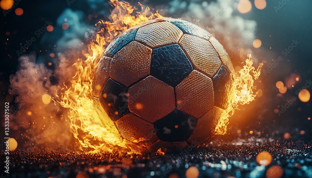 Fototapeta premium A soccer ball is engulfed by flames and appears energized