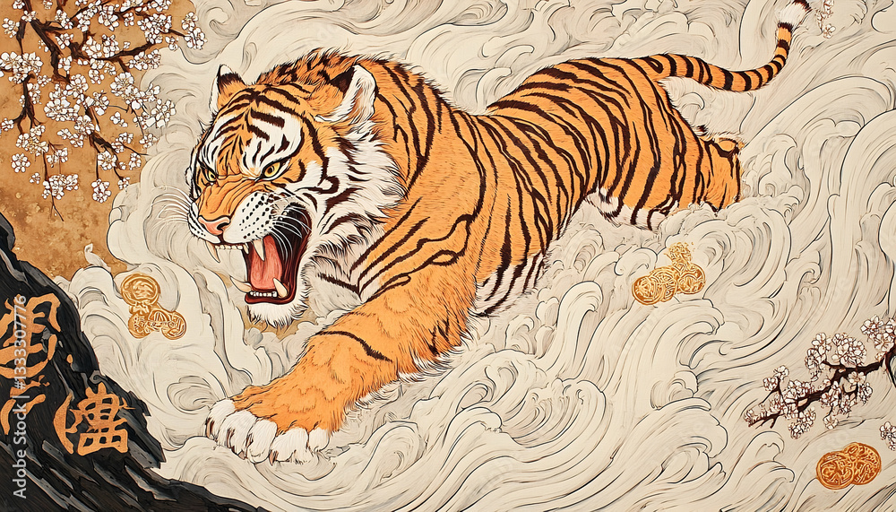 Obraz premium A fierce tiger leaping through swirling waves, surrounded by cherry blossoms and golden accents