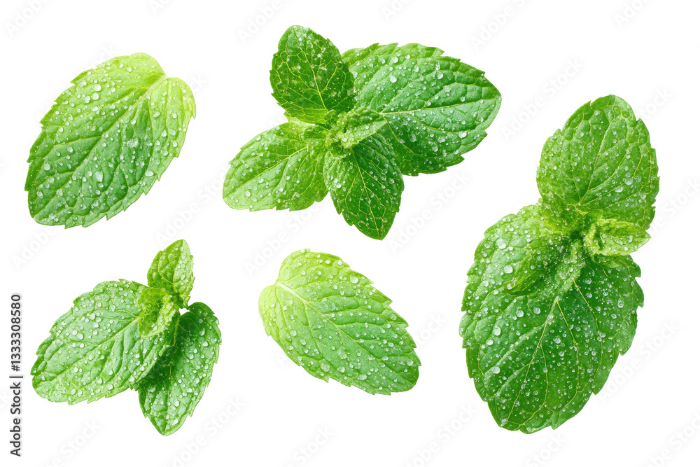 A set of fresh mint leaves on transparent background A set of fresh mint leaves on transparent background