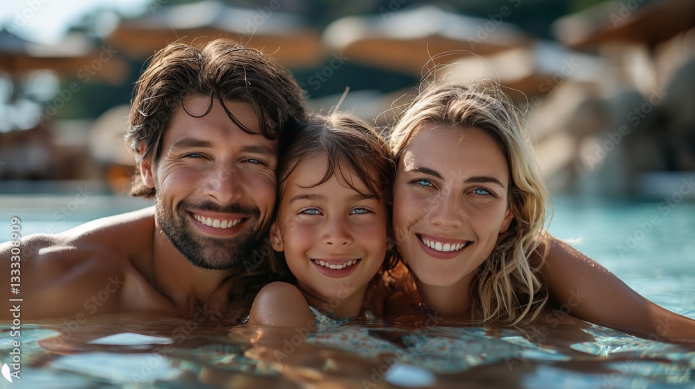 Obraz premium Happy Family Summer Vacation Pool Fun Joyful Parents Child Smiling Together Water Relaxation Tropical Resort Luxury Travel Beautiful People Enjoying 