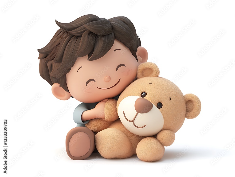 Child embracing teddy bear indoor play area 3d art warm space joyful