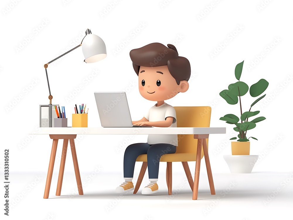Fototapeta premium Child working at desk home office 3d illustration bright environment