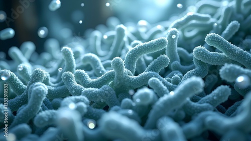 A close-up view of microscopic bacteria, showcasing their intricate shapes and a vibrant blue background, emphasizing the beauty of microbial life.