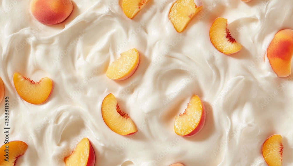 Top-Down View of White Cream with Peach Slices and Cheese Swirls on Creamy Background Top-Down View of White Cream with Peach Slices and Cheese Swirls on Creamy Background