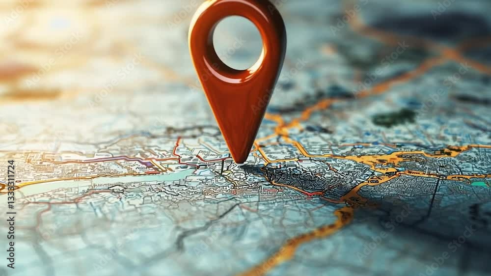 Close-up view of a red navigation pin on a detailed map, symbolizing travel or location.