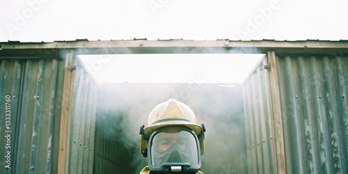 Obraz na płótnie Firefighter emerges from smoky structure during training exercise in a controlled environment w salonie