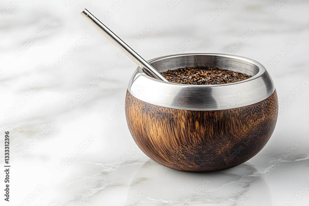 Fototapeta premium Wooden Yerba Mate Gourd with Metal Rim and Straw
