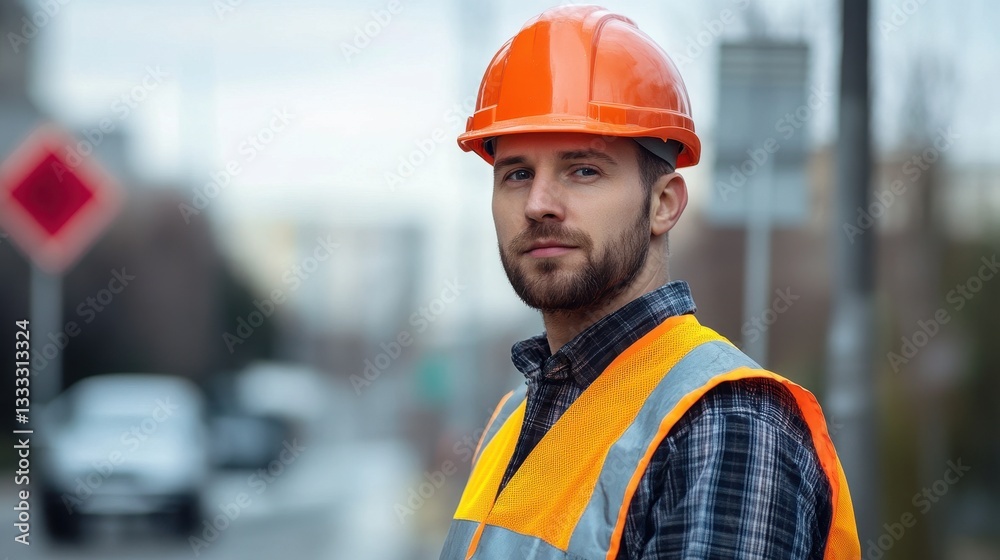 Handsome construction worker with a hard hat and safety vest outdoors. Use it to illustrate safety, building, repair, or other related services. Handsome construction worker with a hard hat and safety vest outdoors. Use it to illustrate safety, building, repair, or other related services.