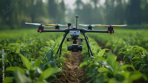 Drone monitoring lush green fields in agricultural landscape with advanced technology and precision