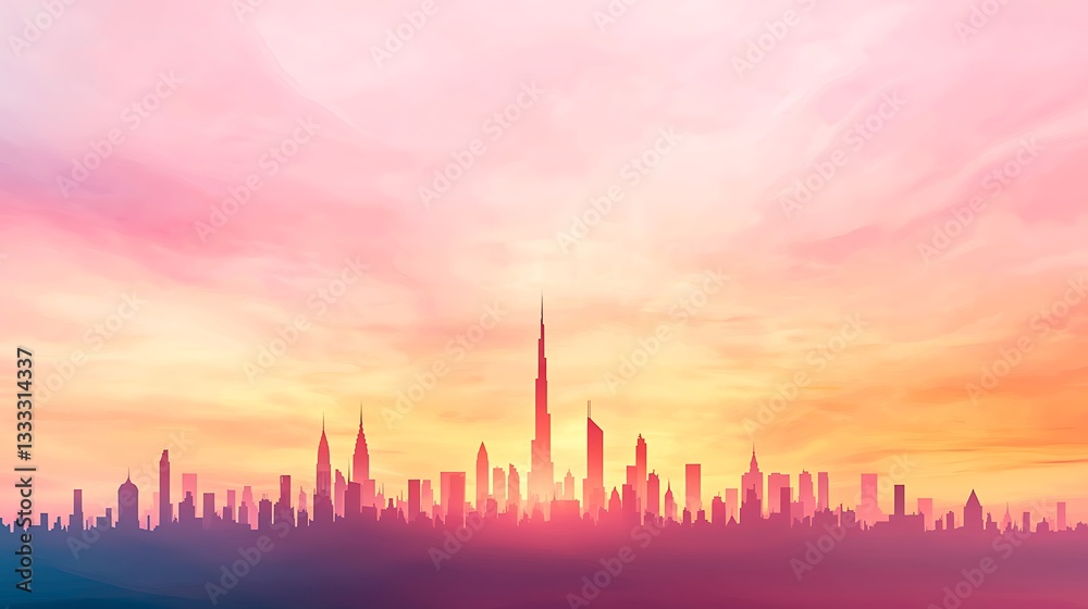 Fototapeta premium Urban sunset skyline dubai nature-inspired eco-architecture vibrant environment wide viewpoint