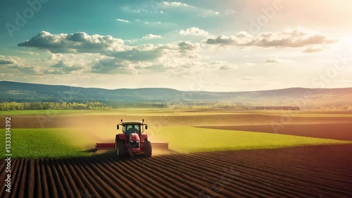 Tractor plowing farmland during sunset with hills in the background