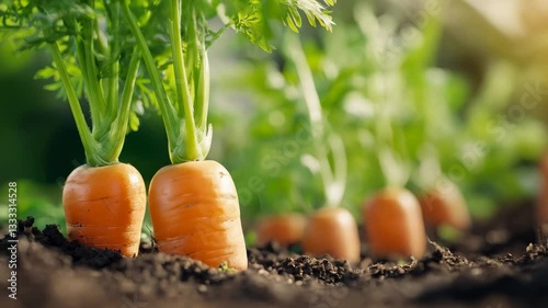 Harvesting fresh, vibrant carrots in a lush garden during a sunny day in early summer