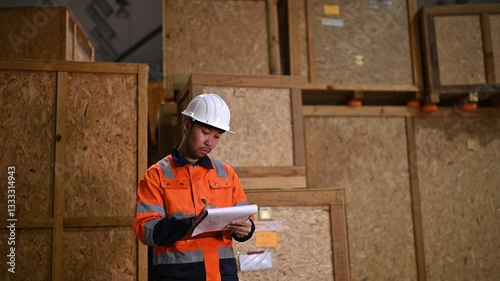A parcel inspector is checking boxes of goods in a large warehouse.