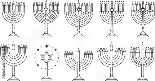 Set outline style Jewish big menorah candelabrum vector illustration
