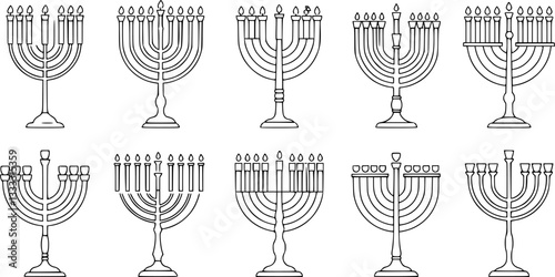 Set outline style Jewish big menorah candelabrum vector illustration
