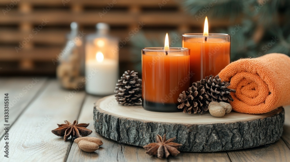 Autumnal spa scene with candles, pine cones, and towel on wooden slice Autumnal spa scene with candles, pine cones, and towel on wooden slice