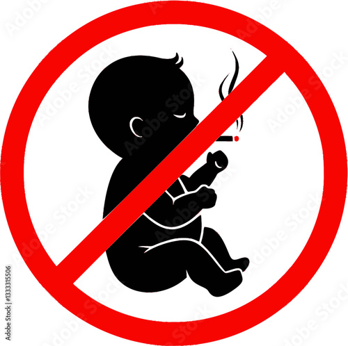 Red prohibition sign with smoking fetal baby outline style, abortion icon concept vector illustration
