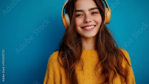 Smiling young woman with headphones enjoying music against a bright blue backdrop in a cozy setting, captured during a sunny afternoon
